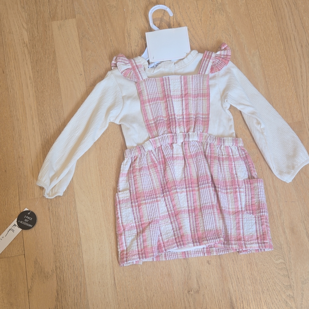 Nicole Miller NWT 24 Month Pink Plaid Overall Dress with White Top - Picture 2 of 9